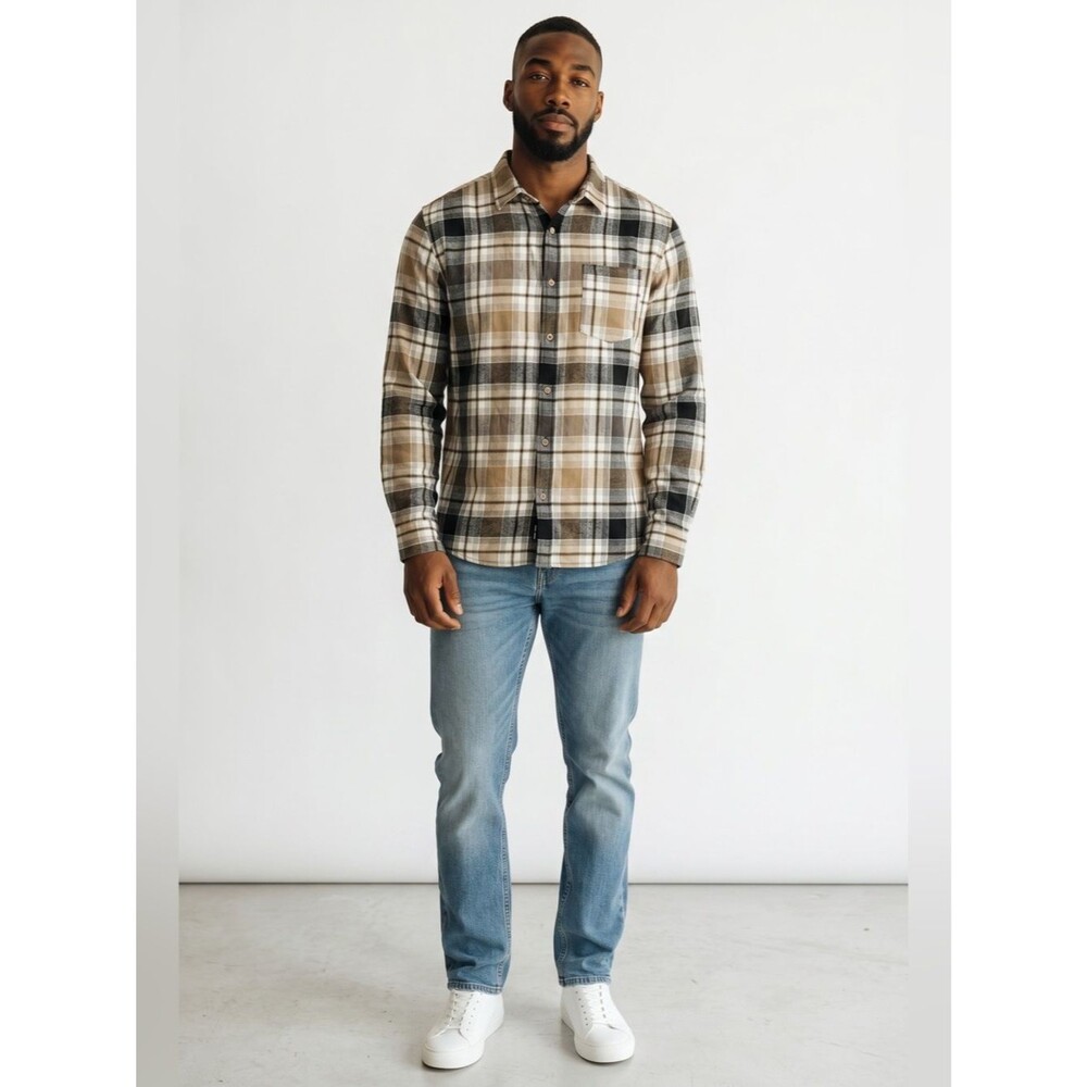 Cotton On Men's Plaid Button-Down Shirt — Black, White, Brown